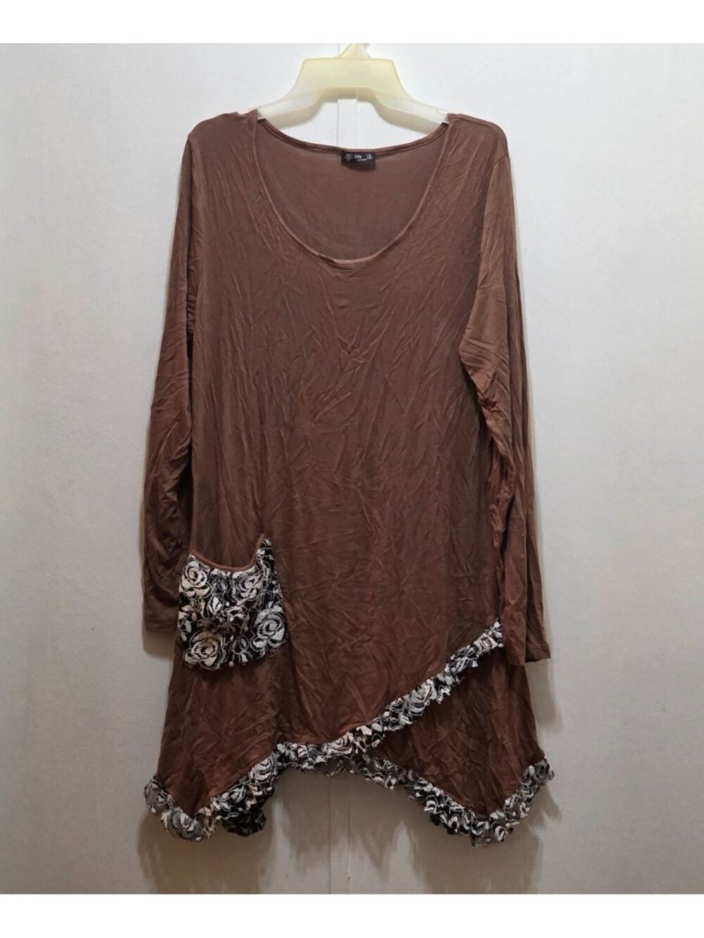 Lily‎ by Firmiana Brown Tunic Top Lace Black & White Trim Pocket Asymmetrical XL